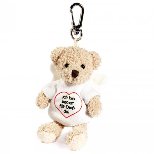 Porte-clés peluche ours ange gardien avec ses ailes blanches et coeur