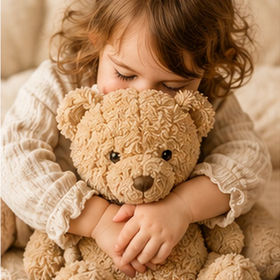 Un enfant câline son doudou